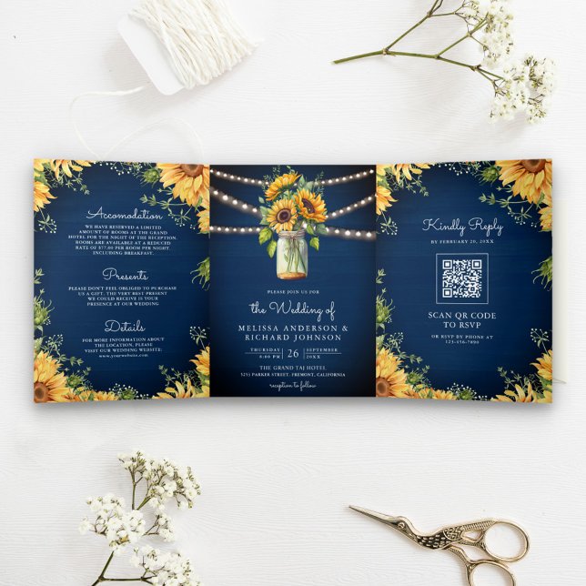 Invitation Trois Volets Mariage du code de la marine Blue Sunflowers Mason (Créateur téléchargé)