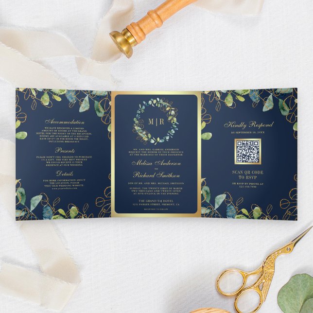 Invitation Trois Volets Mariage du code QR de la couronne d'Eucalyptus ble (Créateur téléchargé)