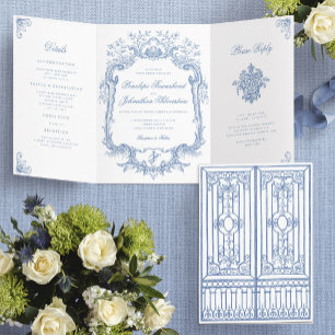 Invitation Trois Volets Mariage Élégant à la Porte Bleue Poussiéreuse Vint