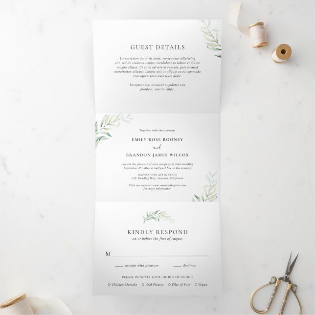 Invitation Trois Volets Mariage élégant au vert sauge et eucalyptus (Intérieur)