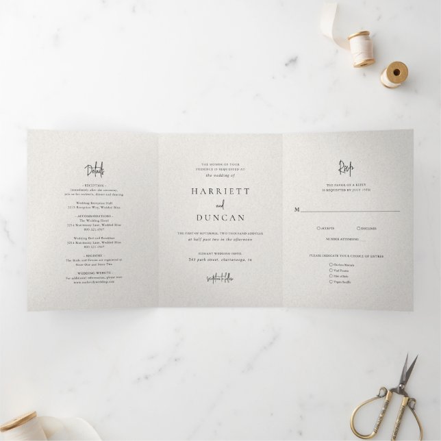 Invitation Trois Volets Mariage Élégant Beige Intemporel (Intérieur)