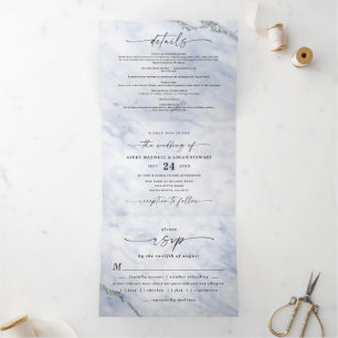 Invitation Trois Volets Mariage Élégant Bleu & Marbre Métallisé Argent