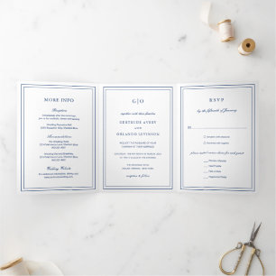 Invitation Trois Volets Mariage Élégant Bleu Marine Classique