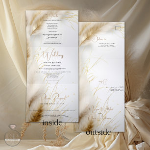 Invitation Trois Volets Mariage   Elegant Boho Ivory et Gold Pampas