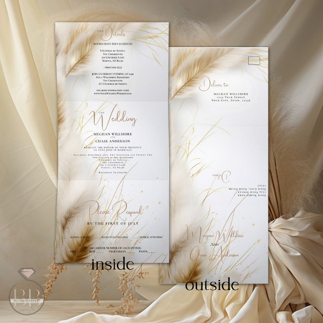 Invitation Trois Volets Mariage | Elegant Boho Ivory et Gold Pampas (Créateur téléchargé)