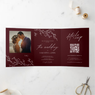 Invitation Trois Volets Mariage élégant botanique bordeaux et ivoire