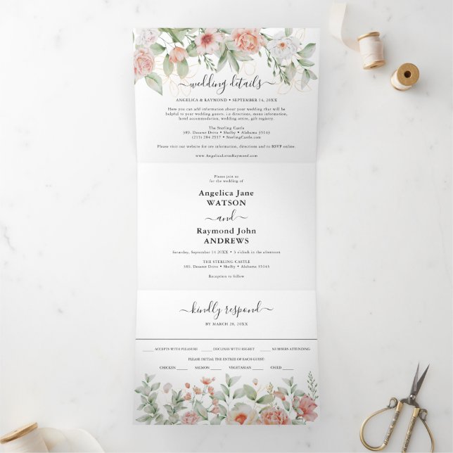 Invitation Trois Volets Mariage élégant botanique rose pêche (Intérieur)