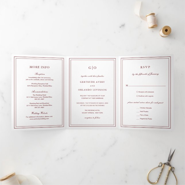 Invitation Trois Volets Mariage Élégant Bourgogne Classique (Intérieur)