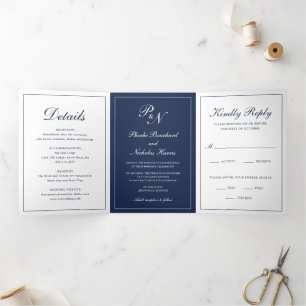 Invitation Trois Volets Mariage Élégant Classique Bleu Marine