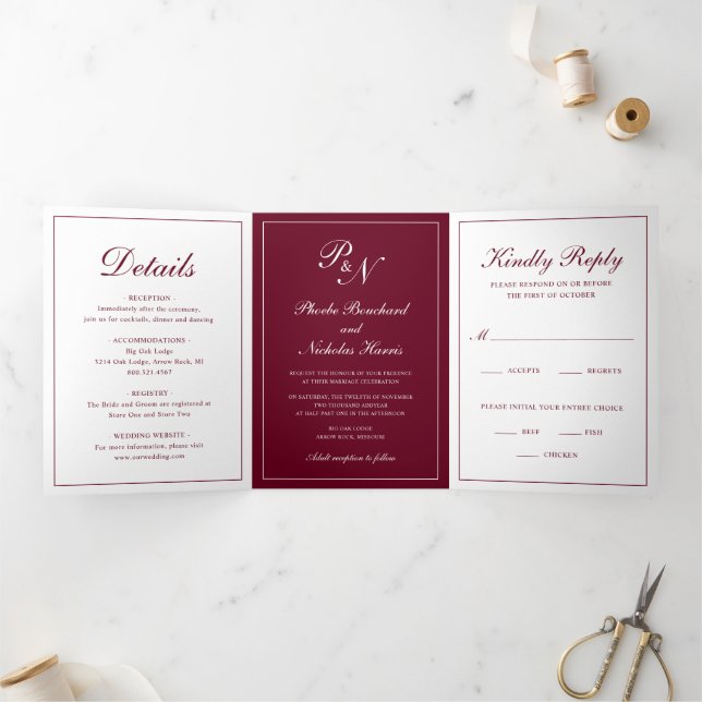 Invitation Trois Volets Mariage Élégant Classique Bourgogne (Intérieur)