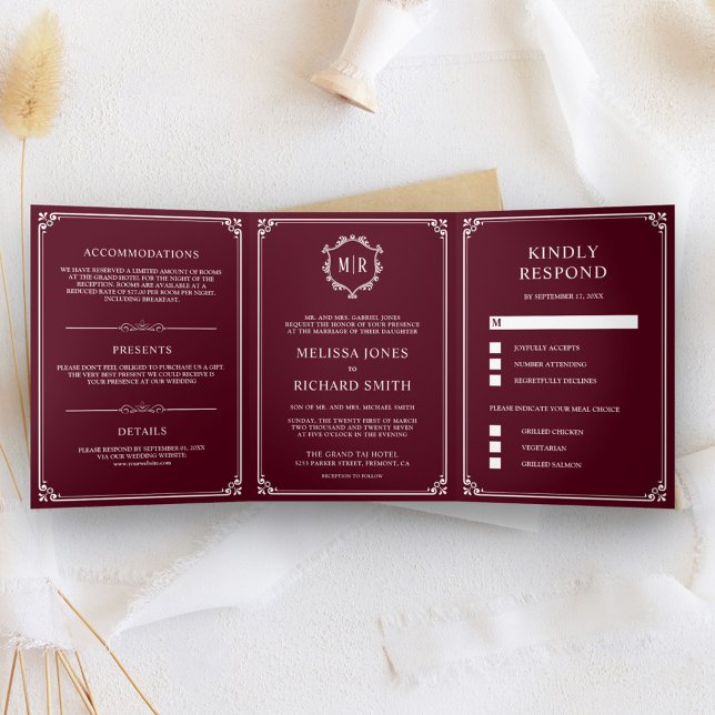 Invitation Trois Volets Mariage Élégant Classique Monogramme Bourgogne (Créateur téléchargé)