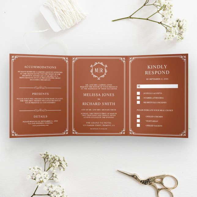 Invitation Trois Volets Mariage Élégant Classique Monogramme en Terracotta (Créateur téléchargé)