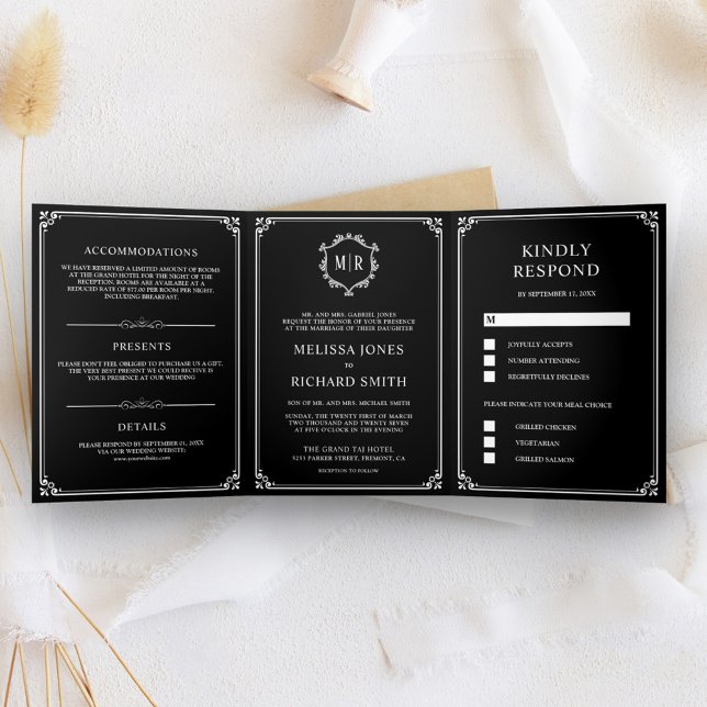 Invitation Trois Volets Mariage Élégant Classique Monogramme Noir (Créateur téléchargé)
