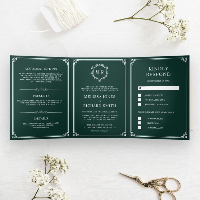 Invitation Trois Volets Mariage Élégant Classique Monogramme Vert Émeraude (Créateur téléchargé)