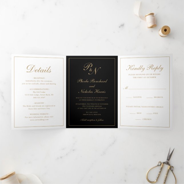 Invitation Trois Volets Mariage Élégant Classique Noir et Or (Intérieur)