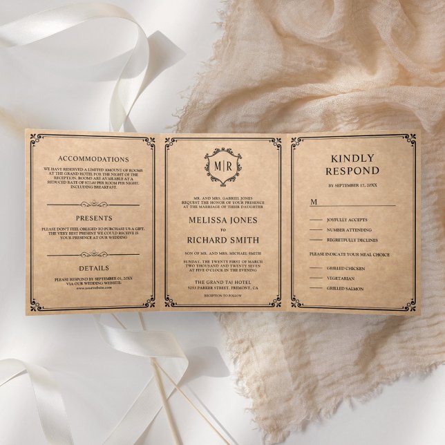 Invitation Trois Volets Mariage Élégant Classique Rustique Kraft Monogramm (Créateur téléchargé)