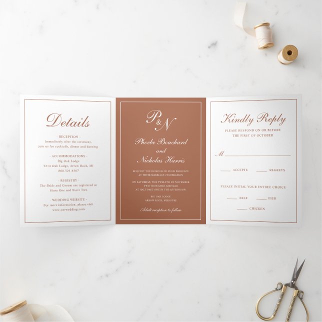 Invitation Trois Volets Mariage Élégant Classique Terracotta (Intérieur)