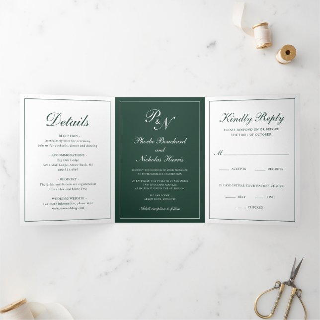 Invitation Trois Volets Mariage Élégant Classique Vert Forêt (Intérieur)