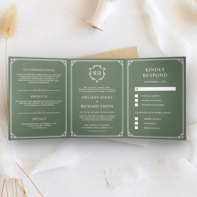 Invitation Trois Volets Mariage élégant classique vert sauge monogramme (Créateur téléchargé)