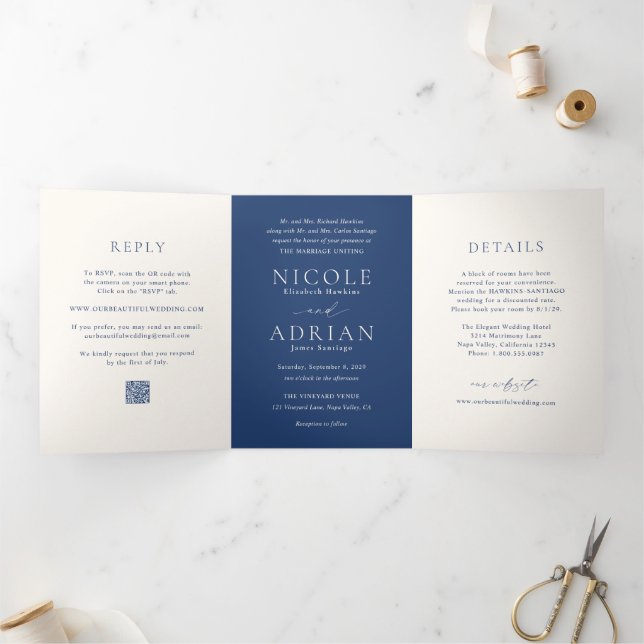 Invitation Trois Volets Mariage élégant code QR bleu marine classique (Intérieur)