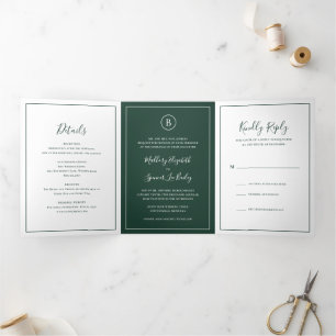 Invitation Trois Volets Mariage Élégant de Traditionnelle Forêt Verte