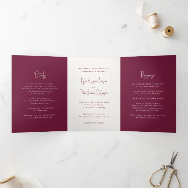 Invitation Trois Volets Mariage Élégant Écriture Manuscrite Bourguignonne  (Intérieur)