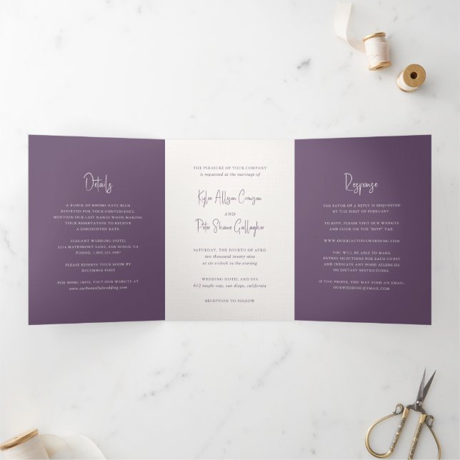 Invitation Trois Volets Mariage élégant écriture manuscrite violette moder (Intérieur)