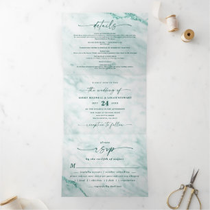 Invitation Trois Volets Mariage Élégant Émeraude Vert Métallisé Marbre