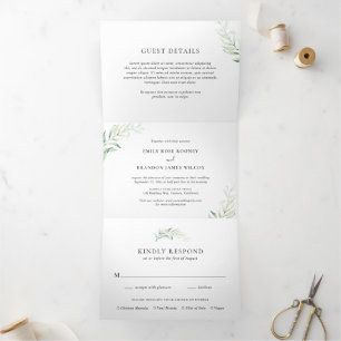 Invitation Trois Volets Mariage élégant Eucalyptus Vert Sage Simple