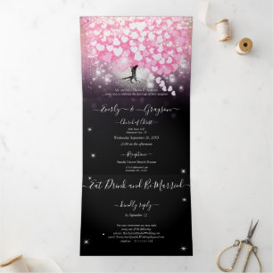 Invitation Trois Volets Mariage Élégant Feuille de Cœur Rose et Noir