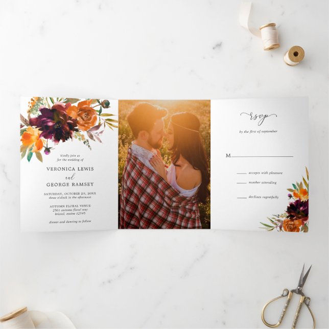 Invitation Trois Volets Mariage Élégant Floral Automnal Rustique (Intérieur)