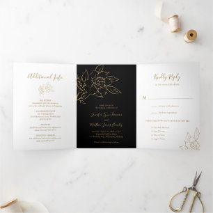 Invitation Trois Volets Mariage élégant floral ligne d'art noir et or