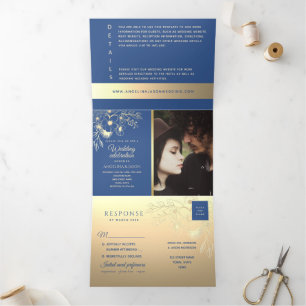Invitation Trois Volets Mariage Élégant Floral Or Bleu Royal