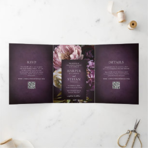 Invitation Trois Volets Mariage élégant maximaliste à code QR floral viole