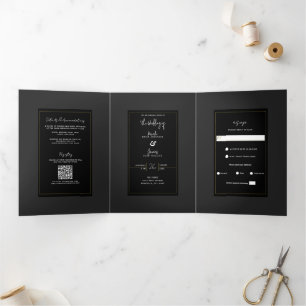 Invitation Trois Volets Mariage Élégant Minimaliste Moderne Gris Noir Or