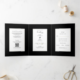Invitation Trois Volets Mariage Élégant Minimaliste Moderne Noir Blanc Or