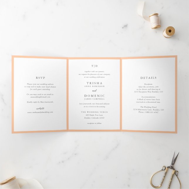 Invitation Trois Volets Mariage élégant moderne avec monogramme pêche (Intérieur)