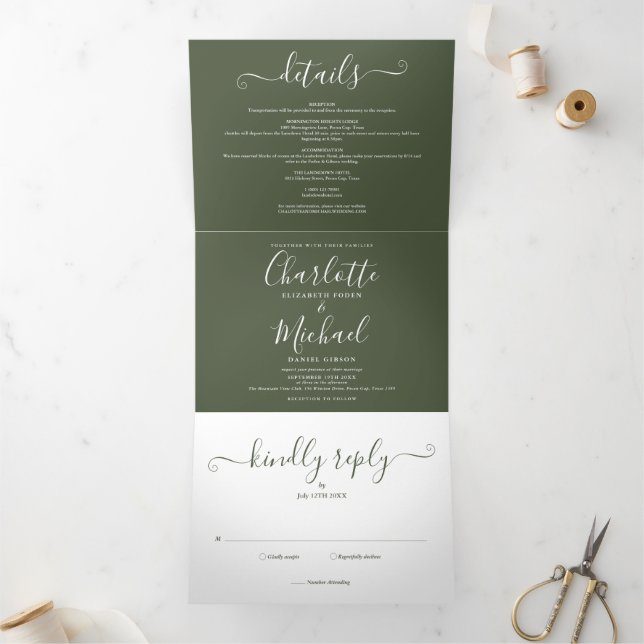 Invitation Trois Volets Mariage élégant moderne Olive Green Photo Script (Intérieur)