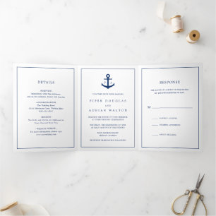 Invitation Trois Volets Mariage Élégant Monogramme Ancre Bleu Marine