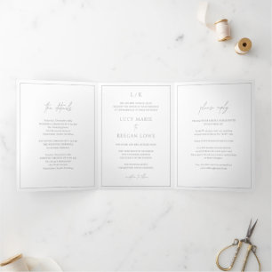 Invitation Trois Volets Mariage Élégant Monogramme Gris Intemporel