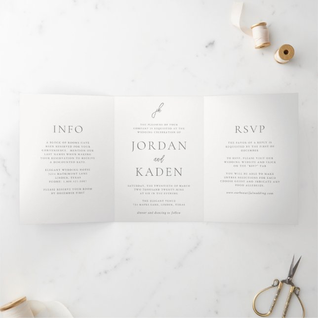 Invitation Trois Volets Mariage Élégant Monogramme Script Gris (Intérieur)