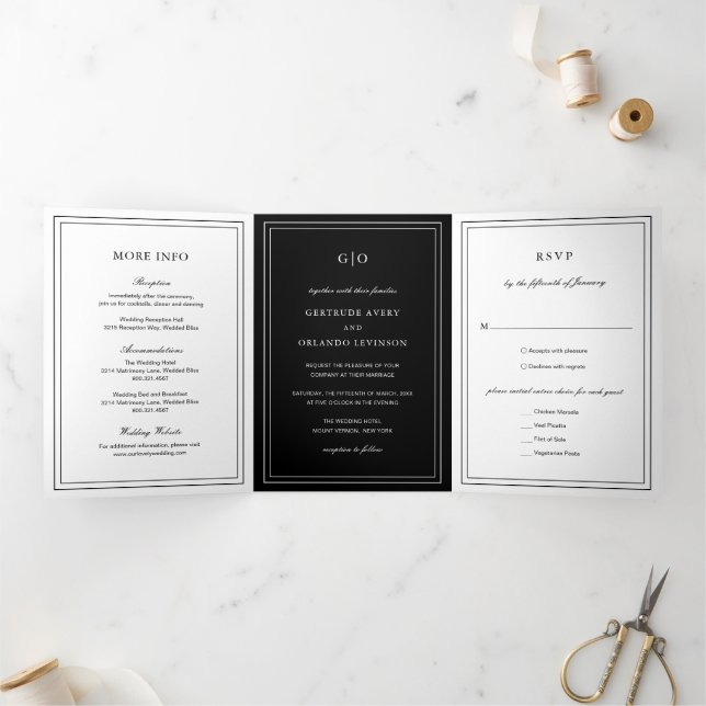 Invitation Trois Volets Mariage Élégant Noir Classique (Intérieur)