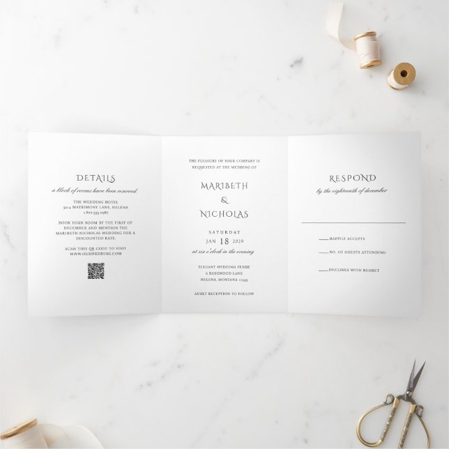 Invitation Trois Volets Mariage élégant noir et blanc avec code QR moderne (Intérieur)