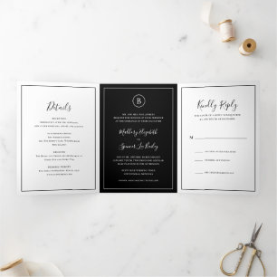 Invitation Trois Volets Mariage Élégant Noir Traditionnel