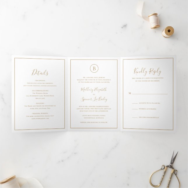 Invitation Trois Volets Mariage Élégant Or Traditionnel (Intérieur)