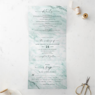 Invitation Trois Volets Mariage élégant pastel vert menthe marbre métallis