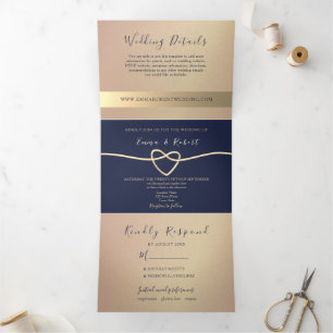Invitation Trois Volets Mariage Élégant Rose Gold et Bleu Nuit