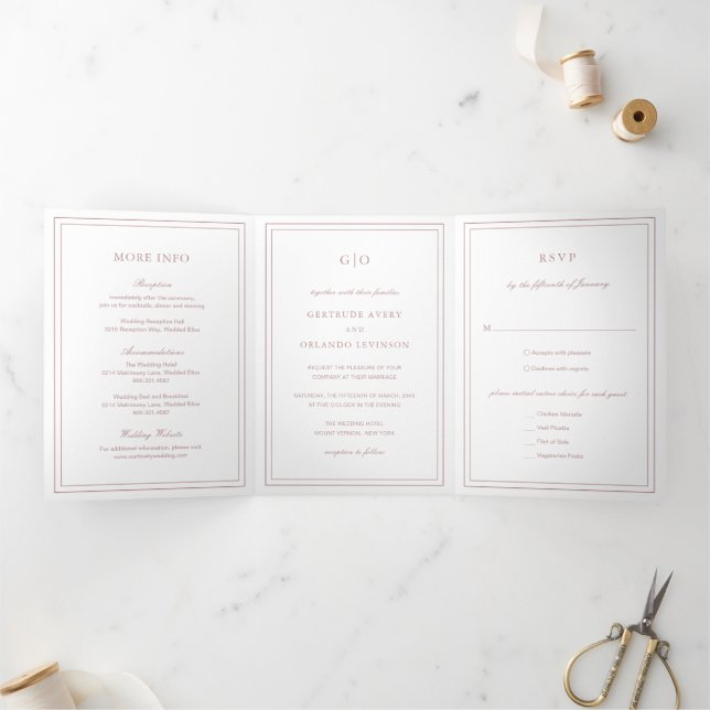 Invitation Trois Volets Mariage Élégant Rose Pâle Classique (Intérieur)