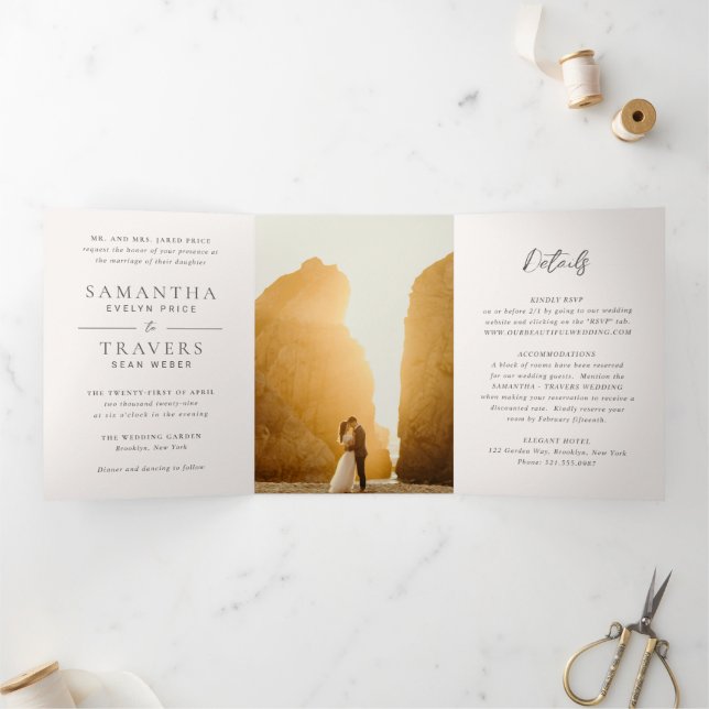 Invitation Trois Volets Mariage Élégant Traditionnel Gris (Intérieur)