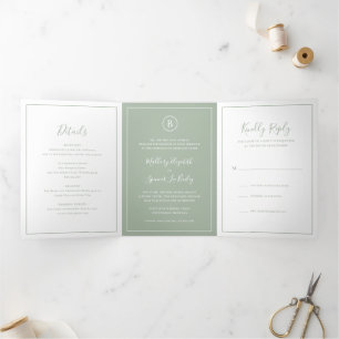 Invitation Trois Volets Mariage élégant traditionnel vert Sage